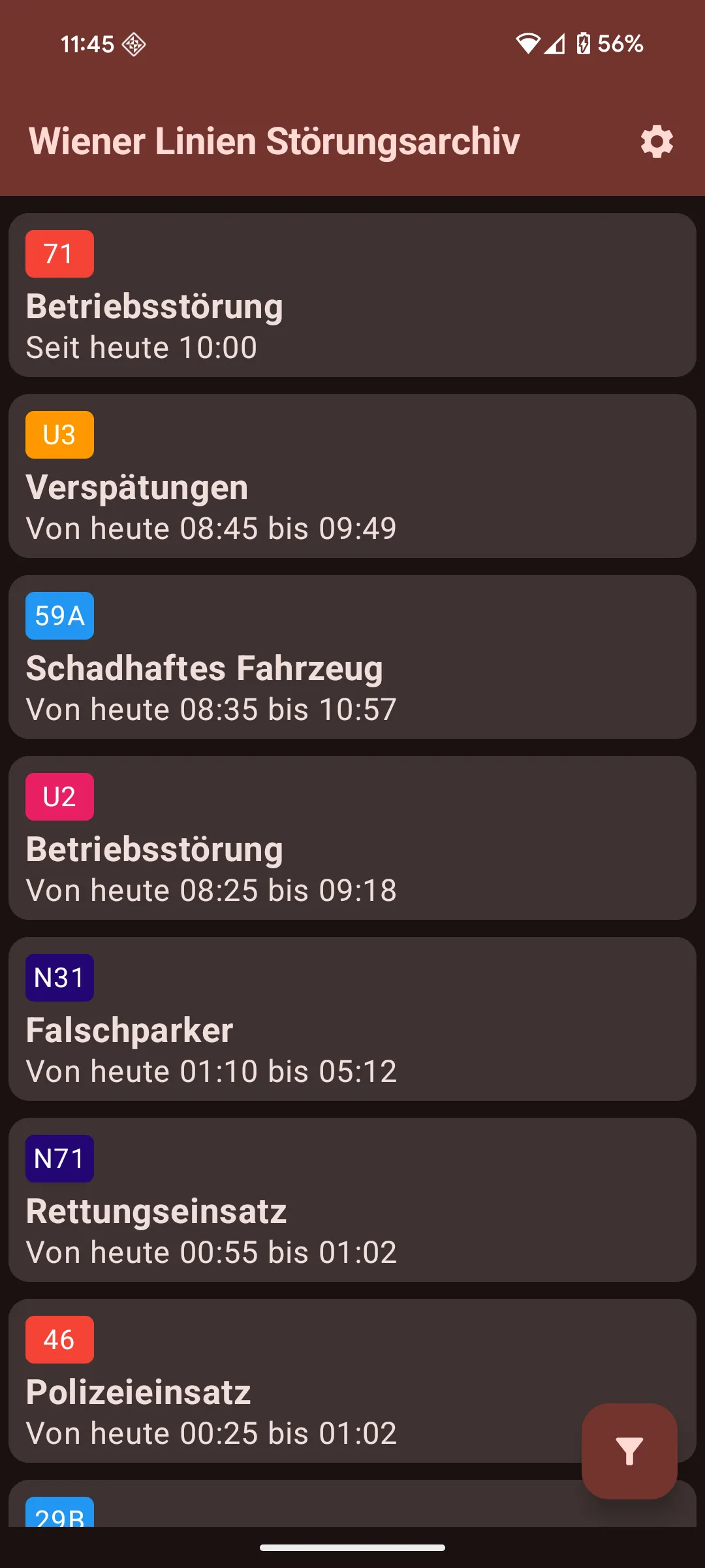 Der Störungsfeed der WLS-Android-App, der eine Liste aktueller und vergangener Betriebsstörungen verschiedener Wiener Linien zeigt, darunter Straßenbahnen, Busse und U-Bahnen.