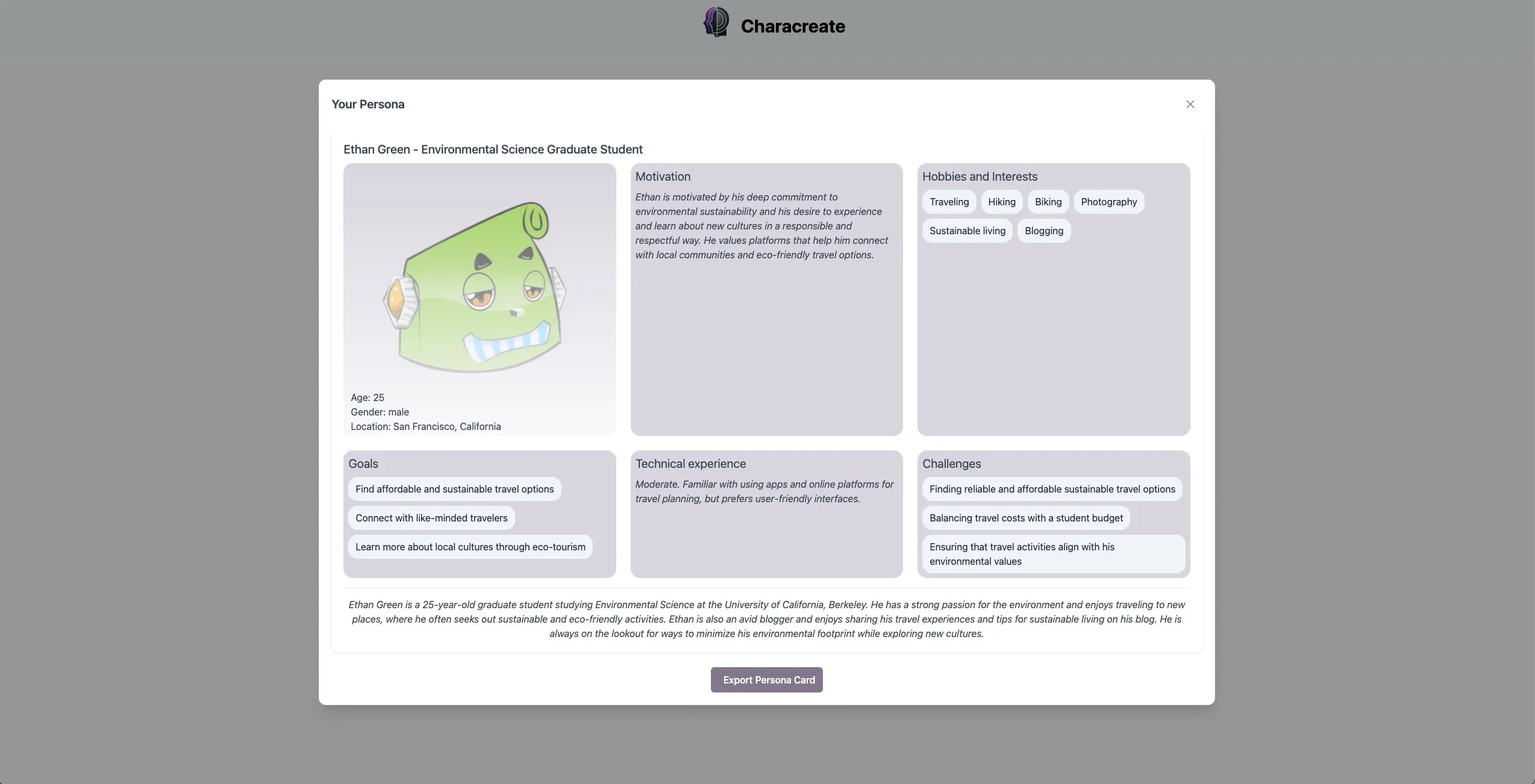 Eine Nutzerpersona-Karte für Ethan Green, einen 25-jährigen Masterstudenten der Umweltwissenschaften. Sie enthält seine Ziele, Motivationen, Hobbys, Erfahrungen und Herausforderungen.