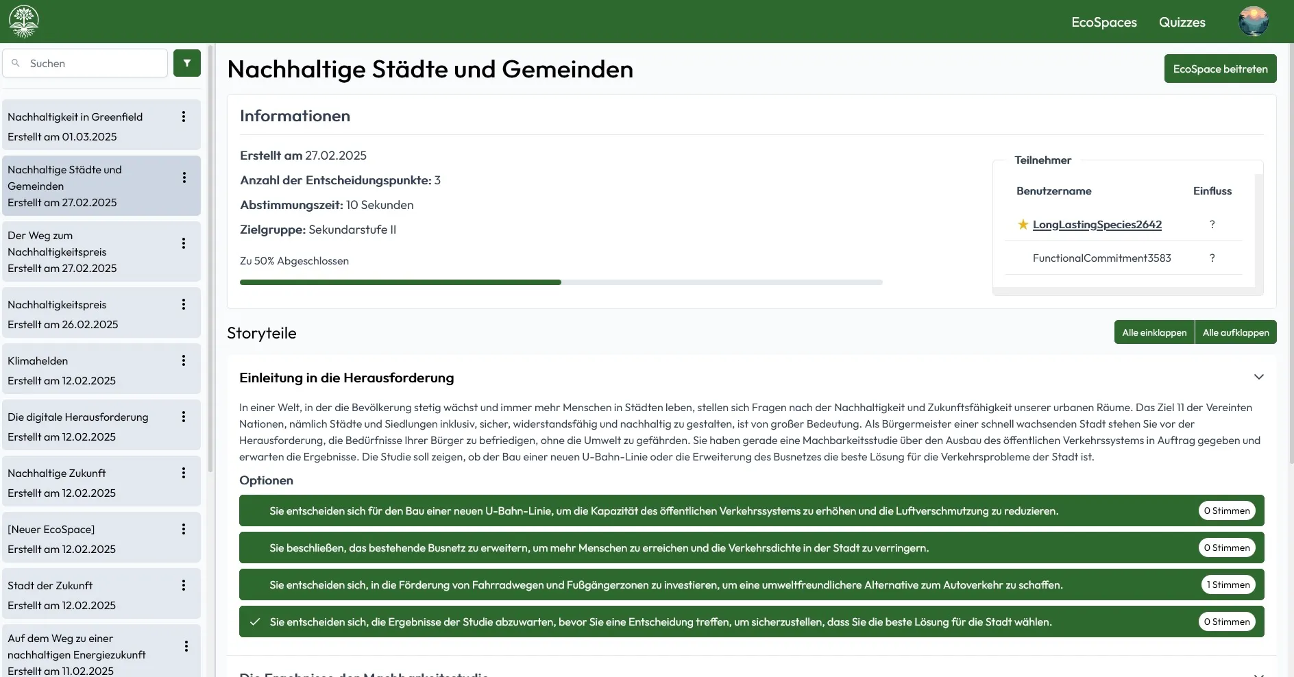 Die Detailansicht eines EcoSpace mit dem Titel 'Nachhaltige Städte und Gemeinden', die Story-Abschnitte, Optionen und Teilnehmer anzeigt.
