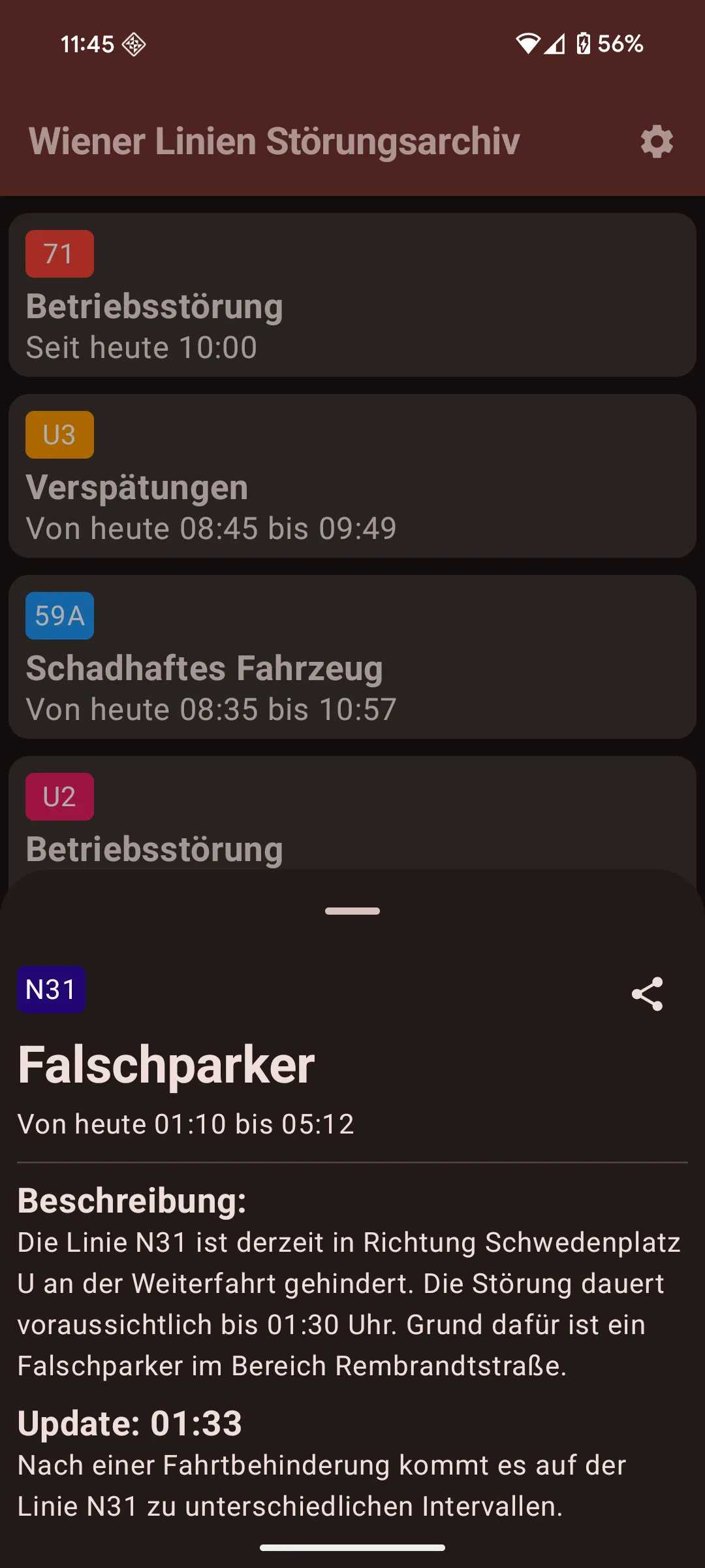 Die Detailansicht einer Störung auf der Linie N31 mit einer Beschreibung eines Falschparker-Vorfalls und einem Update über unregelmäßige Intervalle.