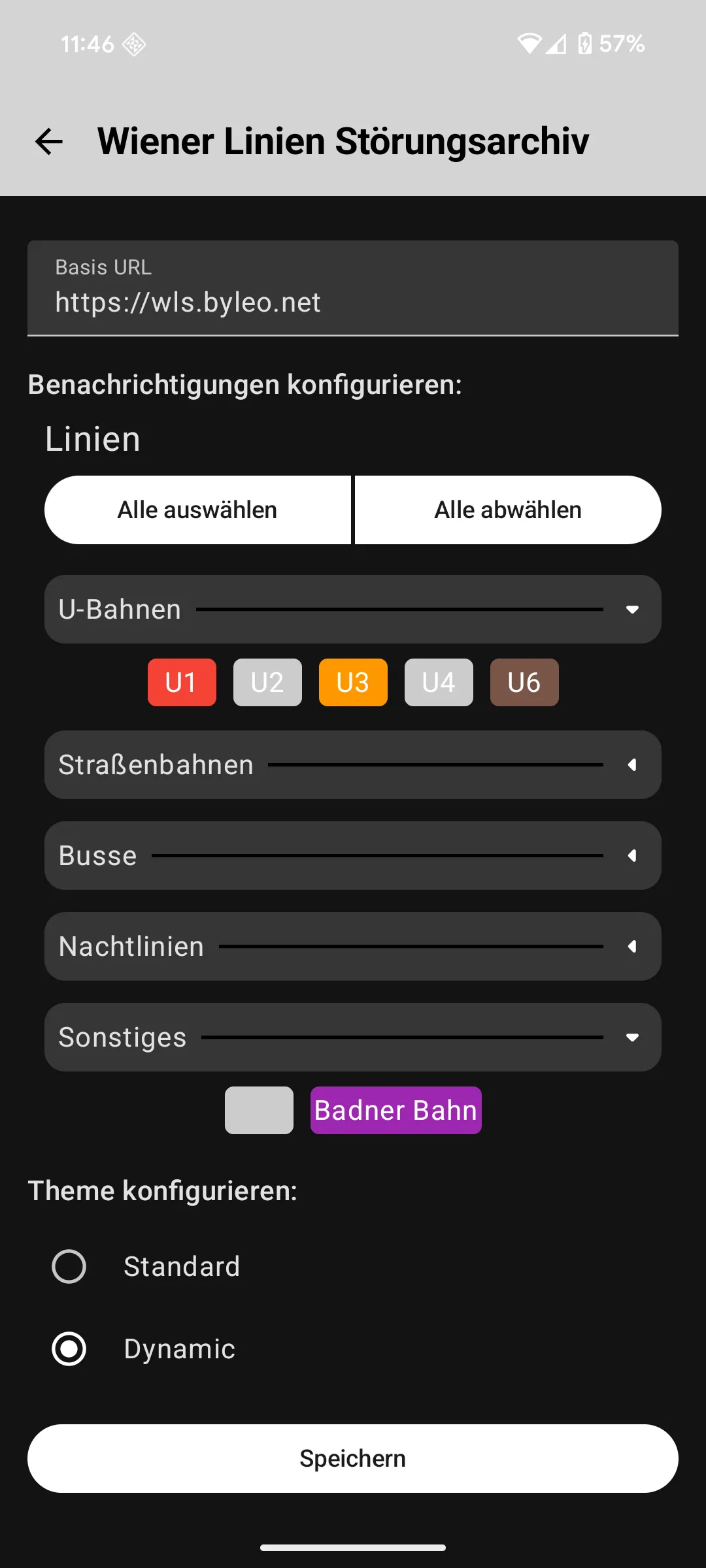 Der Einstellungsbildschirm, auf dem die Basis-API-URL konfiguriert, Linien für Push-Benachrichtigungen ausgewählt und zwischen Standard- und Dynamic-Theme gewechselt werden kann.