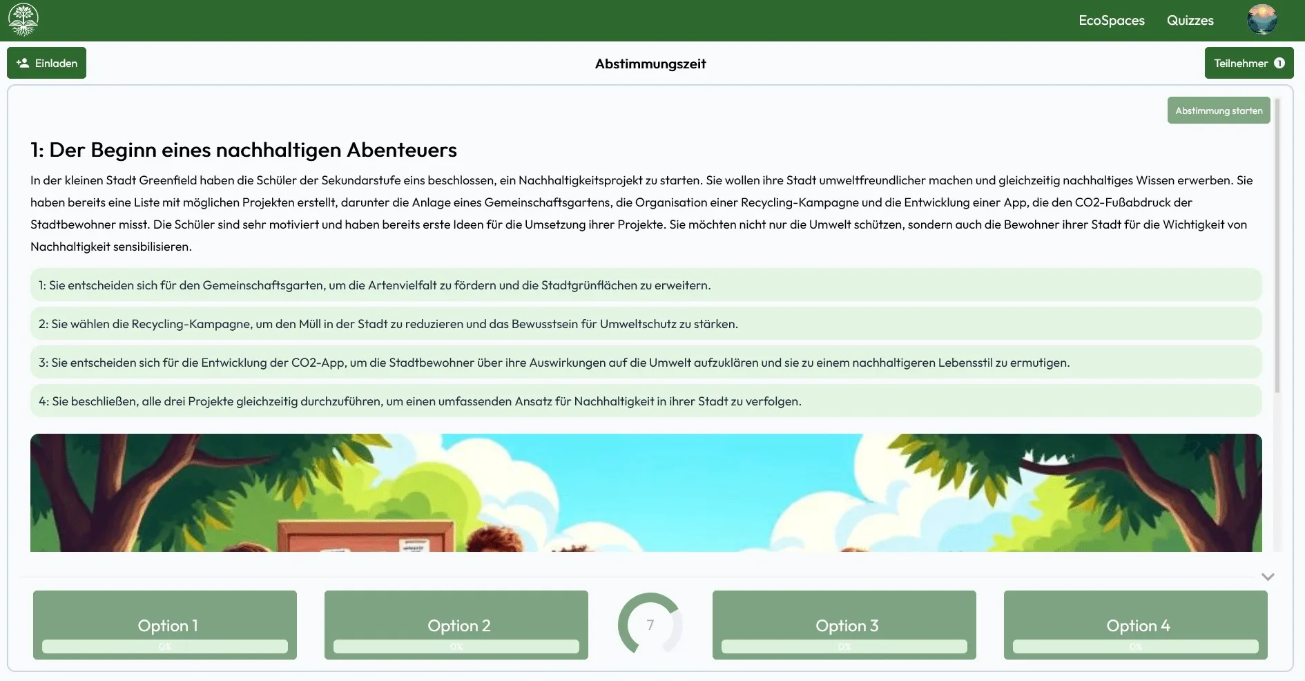 Ein interaktiver Story-Teil innerhalb eines EcoSpace, der den Anfang einer Erzählung und vier Entscheidungsoptionen für den Benutzer zeigt.