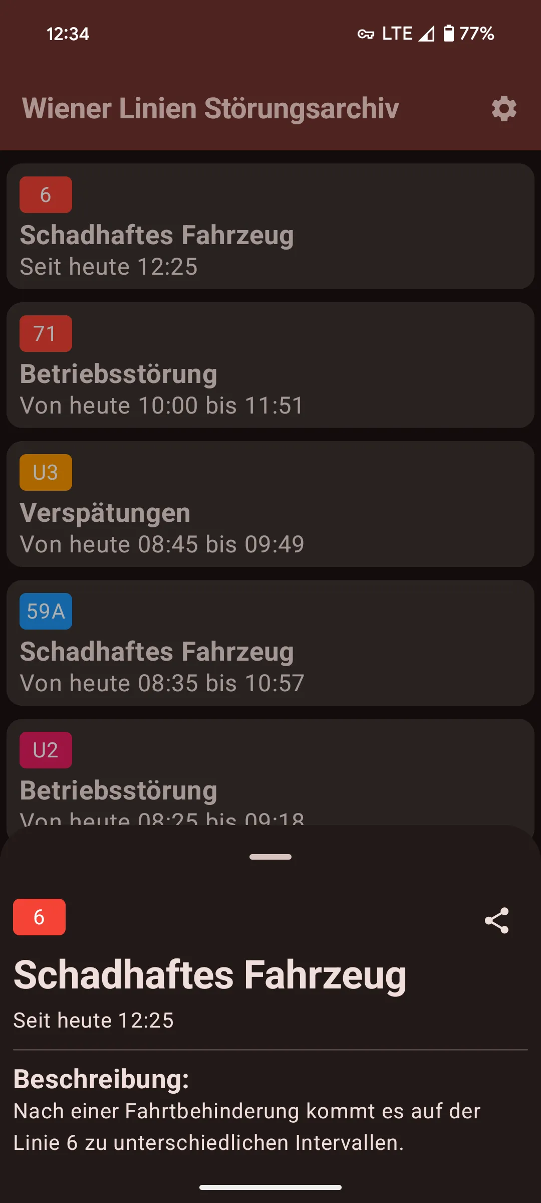 Das Detailblatt einer Störung vom Typ 'Schadhaftes Fahrzeug' auf der Linie 6, eingeblendet über der Störungsliste.