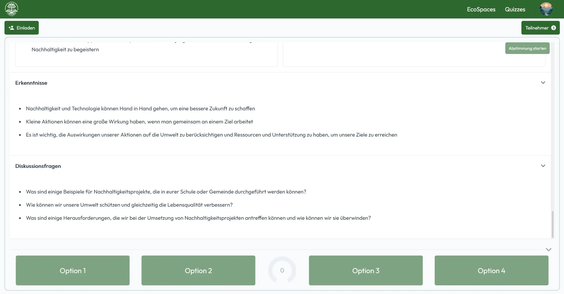 Der Abschnitt 'Erkenntnisse' und 'Diskussionsfragen' der EcoSpace-Ergebnisse, der zur Reflexion anregen soll.