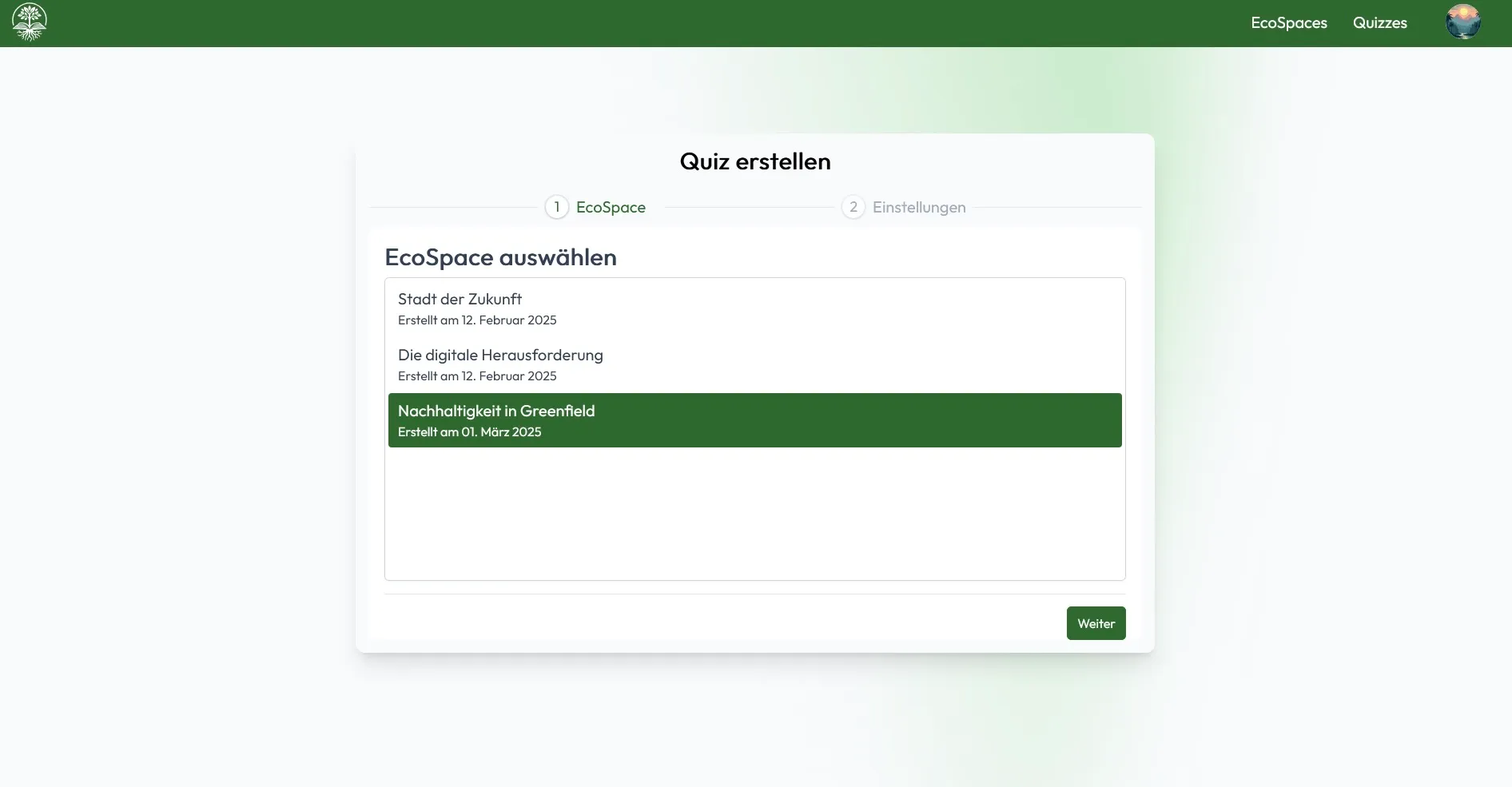 Der erste Schritt der Quiz-Erstellung, bei dem der Benutzer einen abgeschlossenen EcoSpace als Grundlage für das Quiz auswählt.