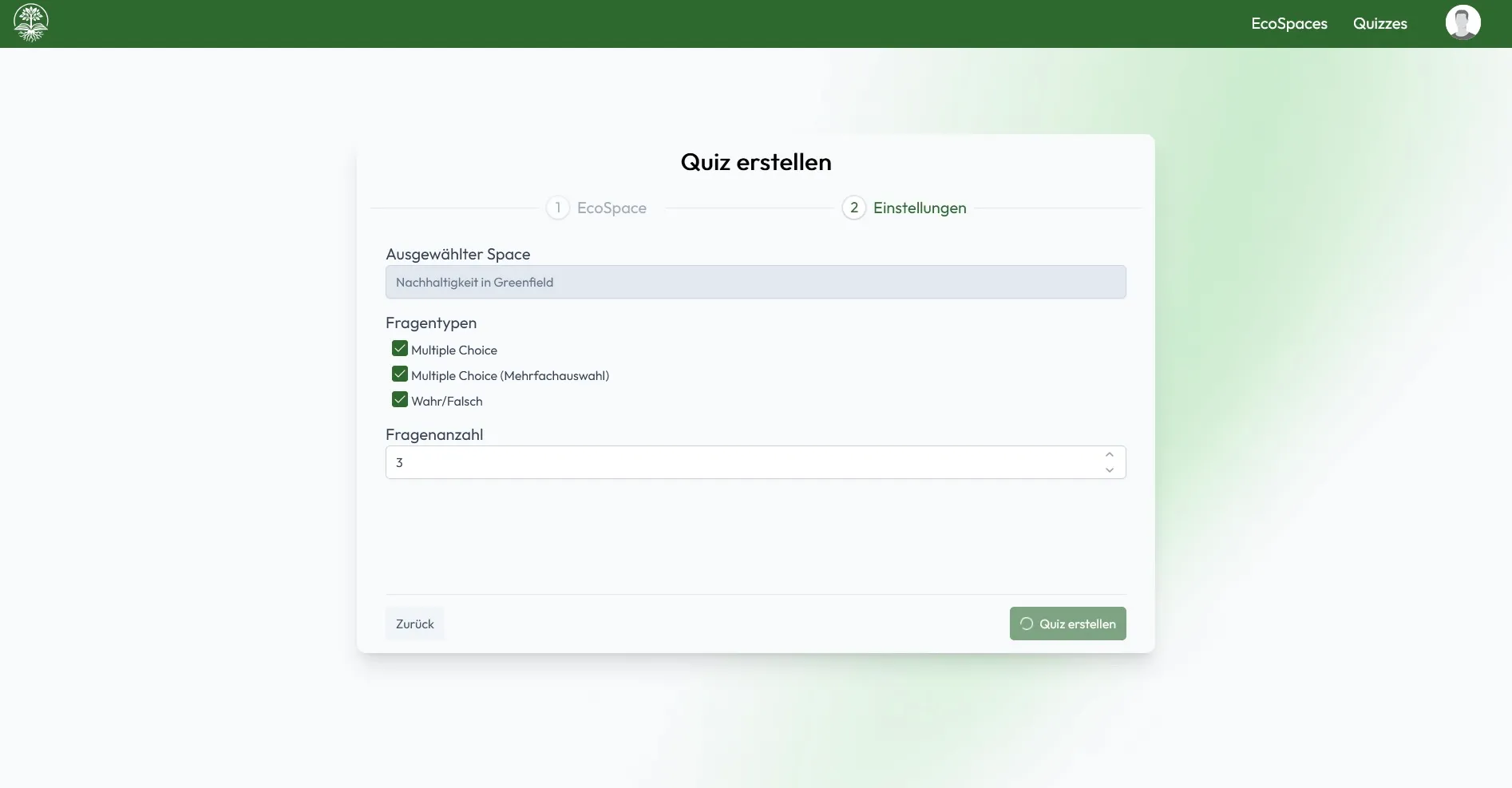 Der zweite Schritt der Quiz-Erstellung, der Einstellungen für Fragetypen und die Gesamtzahl der Fragen anzeigt.