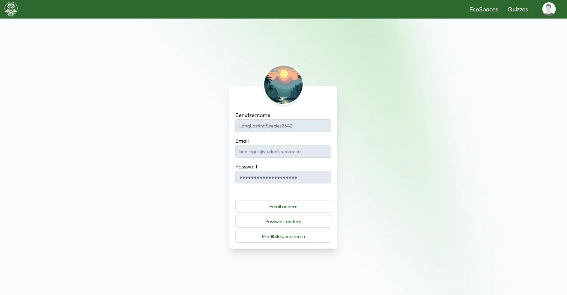Die Benutzerkontoseite in der sustAInableEducation-App, die Profilbild, Benutzername, E-Mail und Optionen zum Ändern des Passworts oder zum Generieren eines neuen Profilbilds anzeigt.
